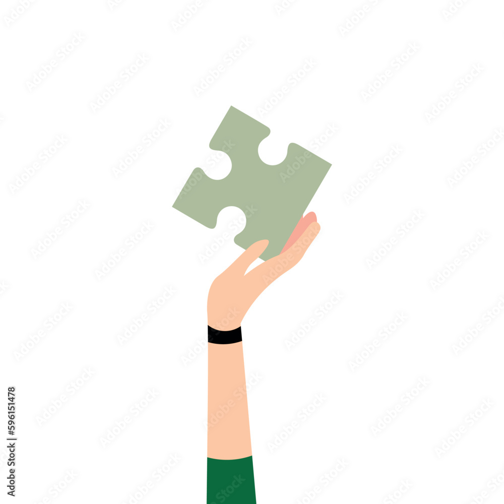 Hand with piece of jigsaw puzzle on white background