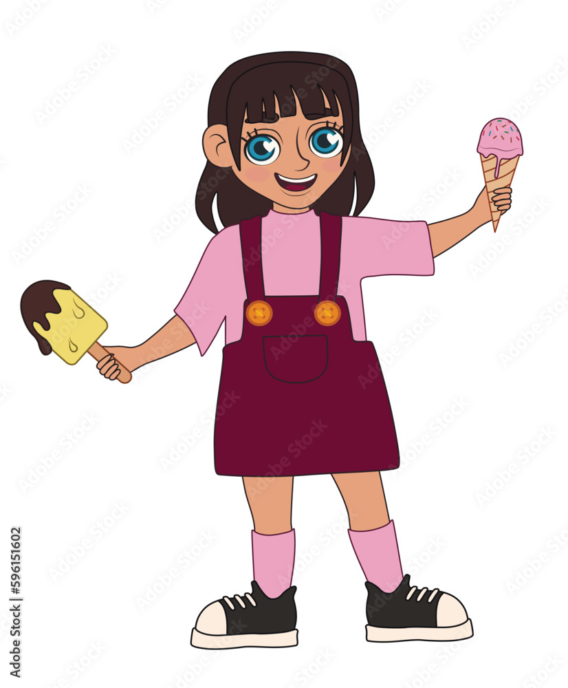 Cute little girl with delicious ice cream on white background