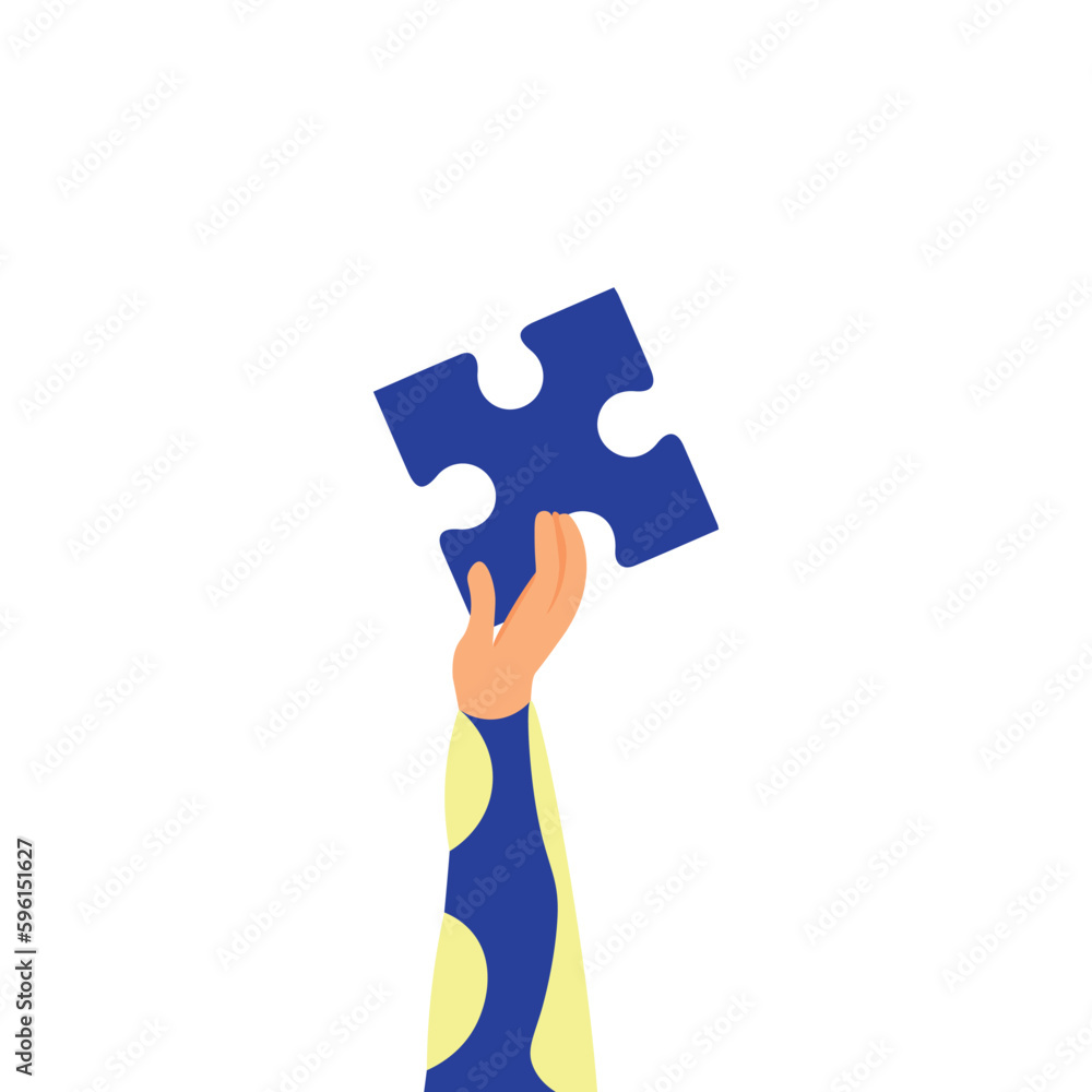 Hand with piece of jigsaw puzzle on white background