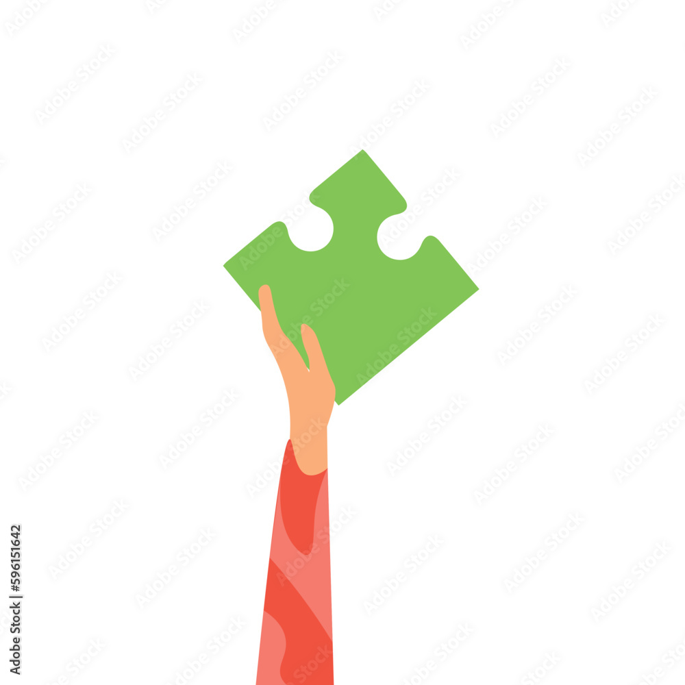 Hand with piece of jigsaw puzzle on white background