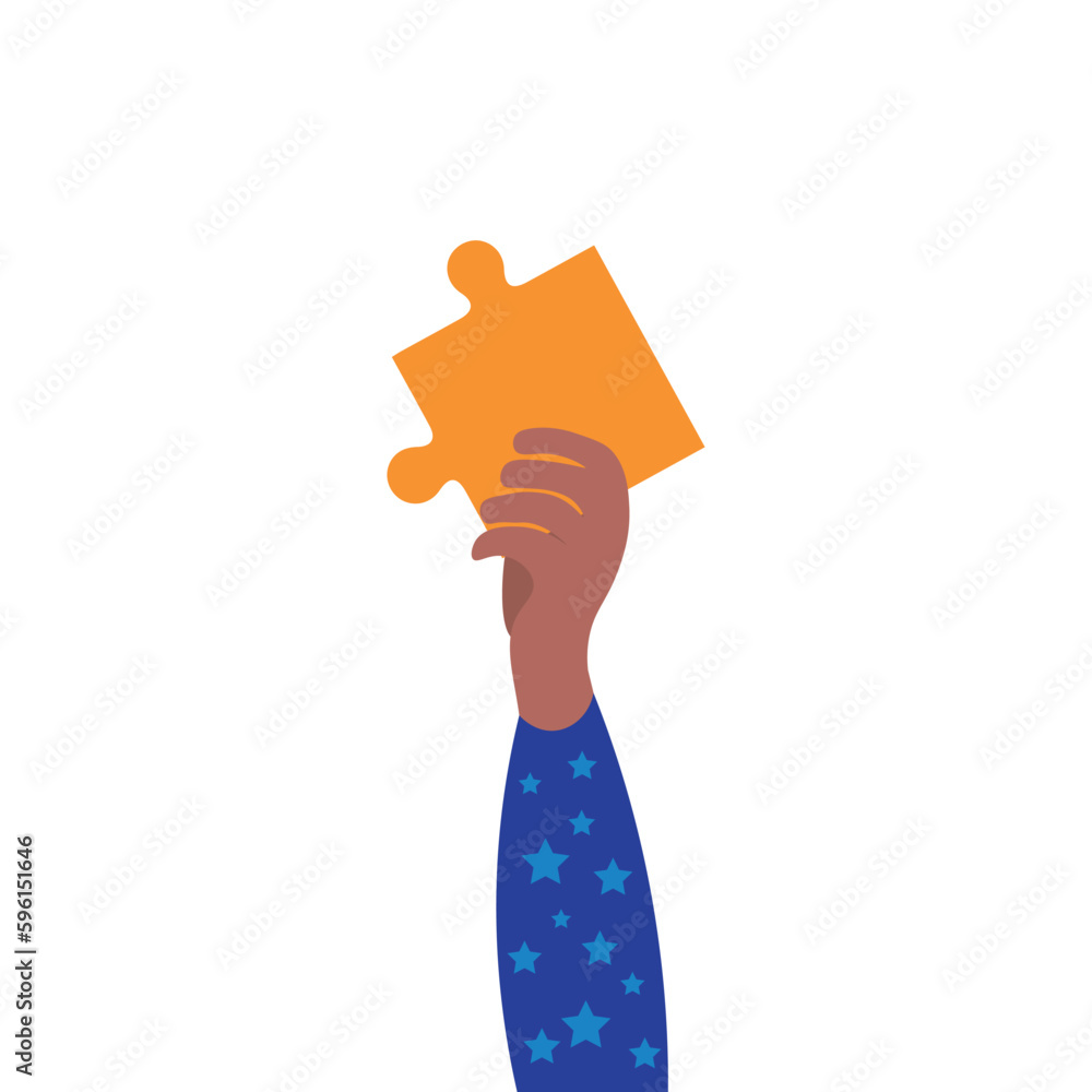 Hand with piece of jigsaw puzzle on white background