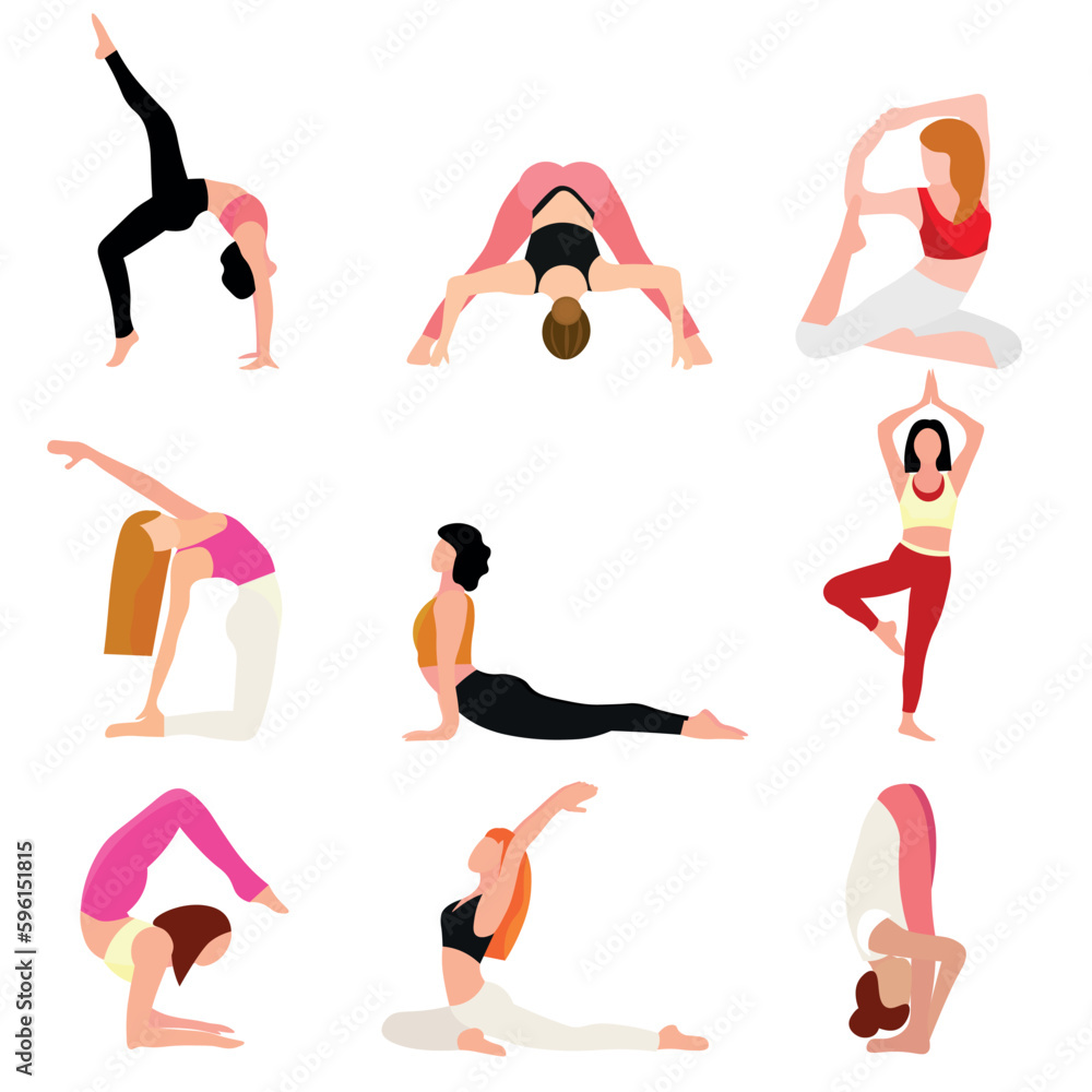 Set of women practicing yoga on white background