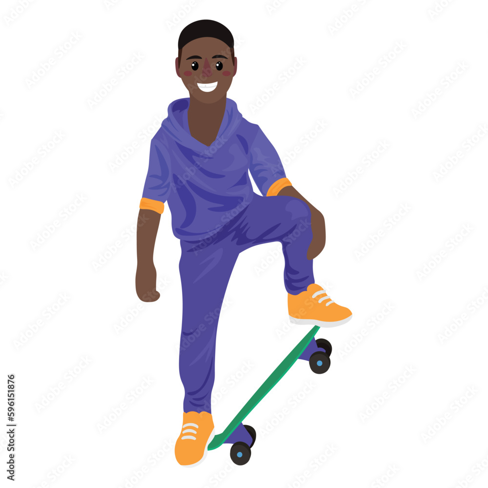 Cute African-American boy with skateboard on white background