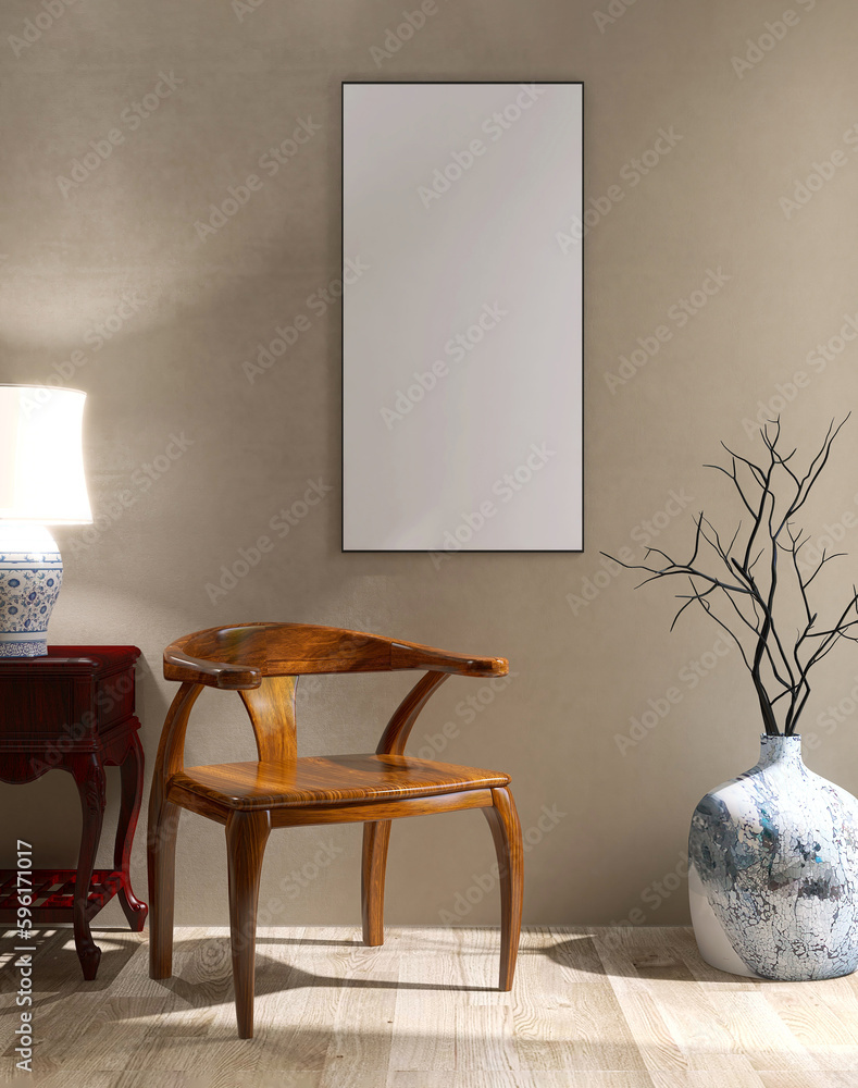 Blank white photo poster frame with black edge on beige gold wall, vintage Asian wooden chair, cabin