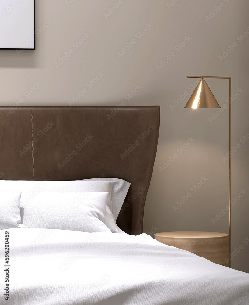 Luxury, minimal round wooden bedside table, gold floor lamp, brown leather headboard bed, with white