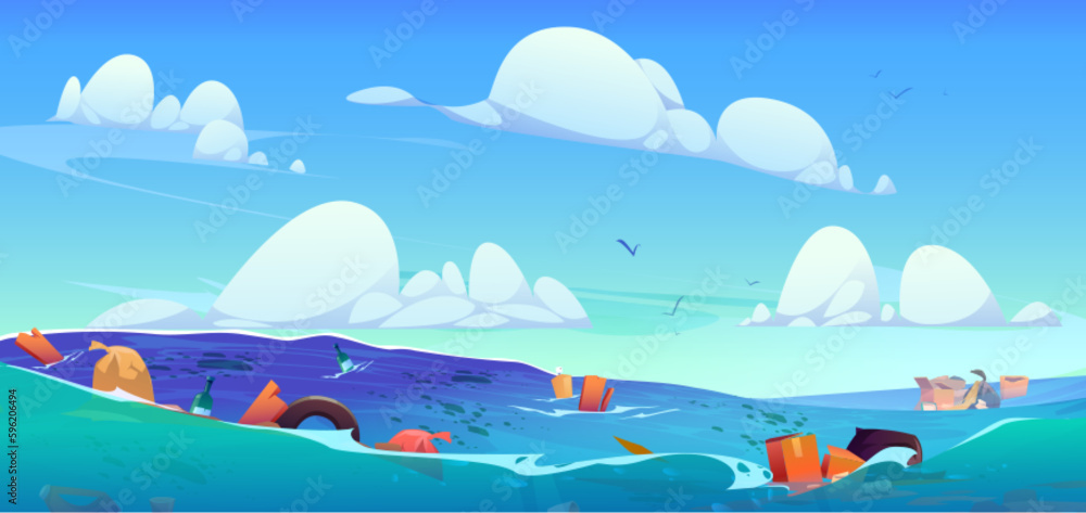 Trash floating on water surface in open sea. Vector cartoon illustration of plastic, glass bottles, 