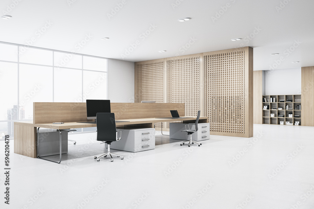 Contemporary office interior with furniture, window with city view, equipment and wooden partitions.