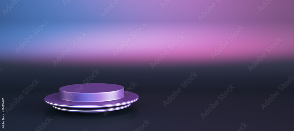 Abstract empty pedestal for product placement and advertisement on wide gradient purple background w