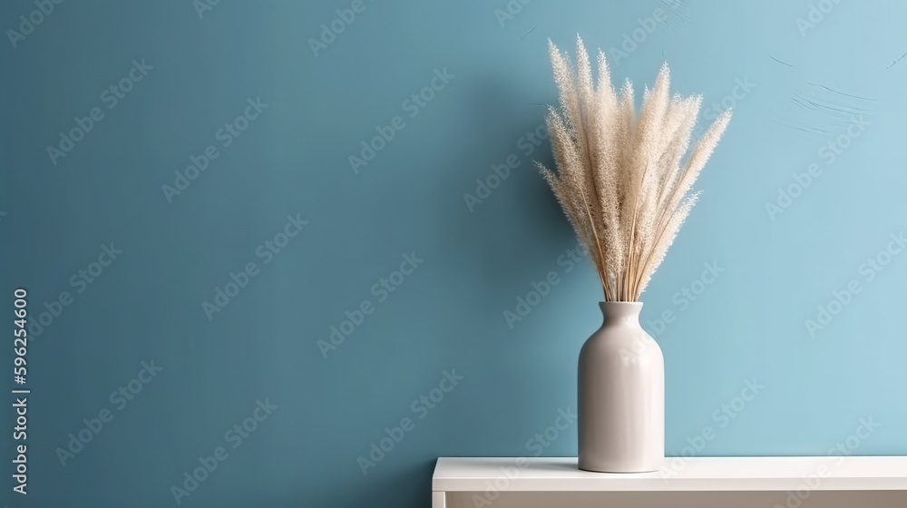 Vase with decorative plant branch against blue wall background. Minimalist interior mockup. Generati