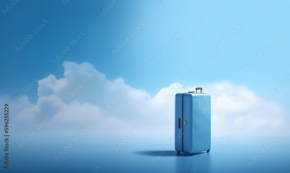 Blue travel suitcase with wheels, on blue background with clouds. Trip concept. Generative AI