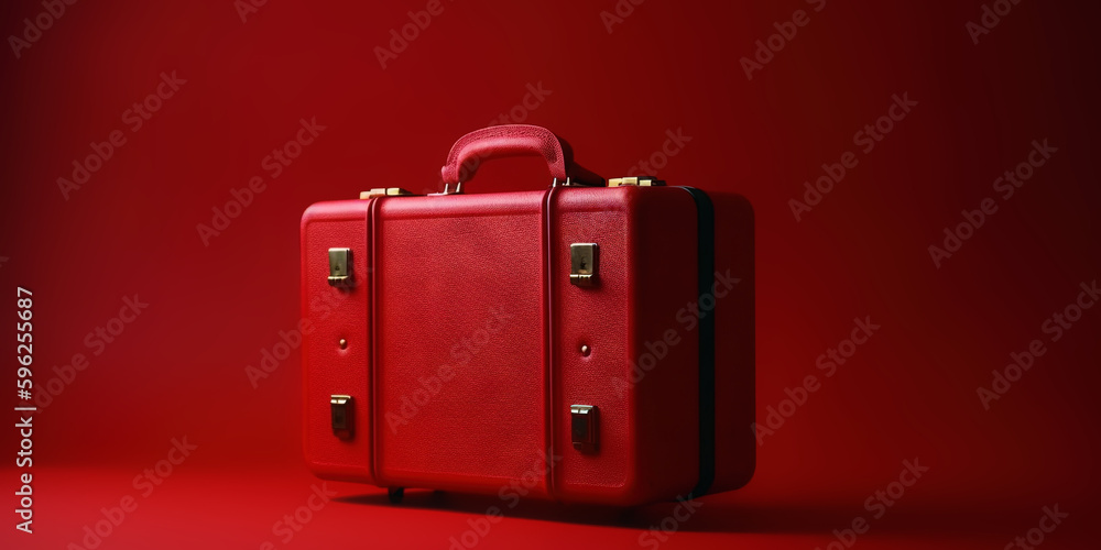 Red travel suitcase, on red background. Trip concept. Generative AI