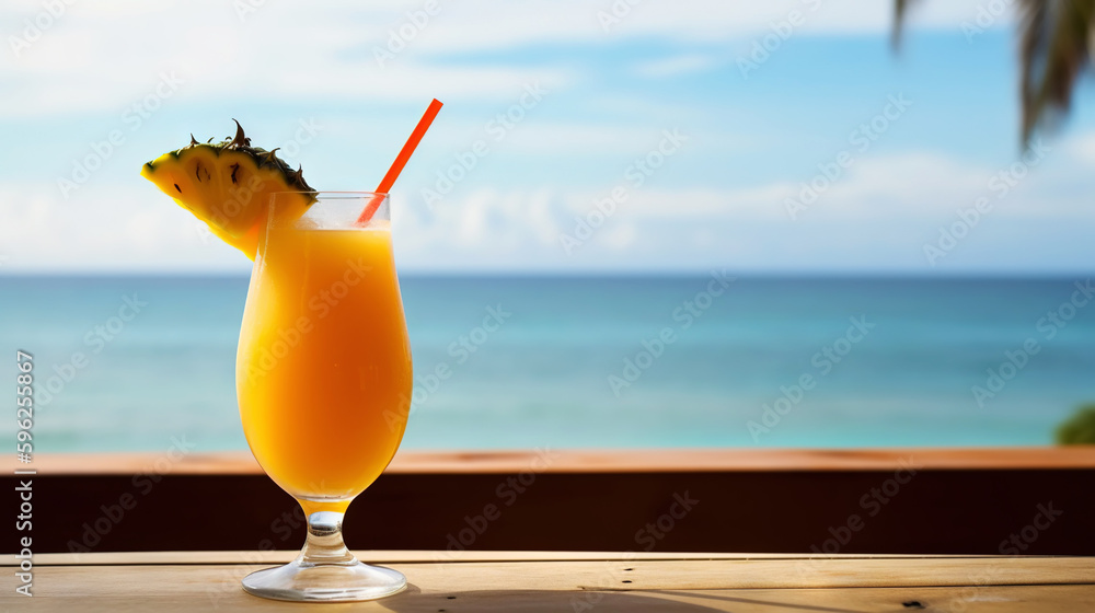 Sweet Mama cocktail on background with blue sea and sky tropical background. Generative AI