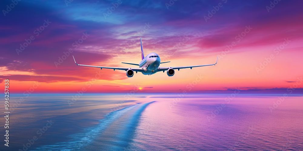 Passengers commercial airplane flying above sea surface on colorful paradise sunset. Airliner in fli