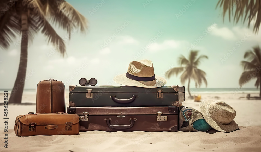 Suitcase with accessories on the sand with a sea background. Travel concept. Generative AI