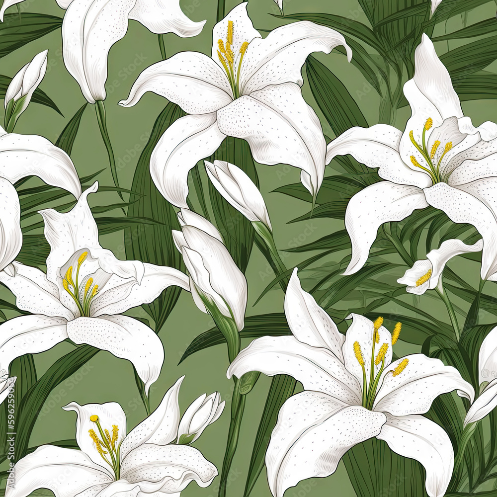 Lily flower seamless pattern. Floral seamless background. Generative AI