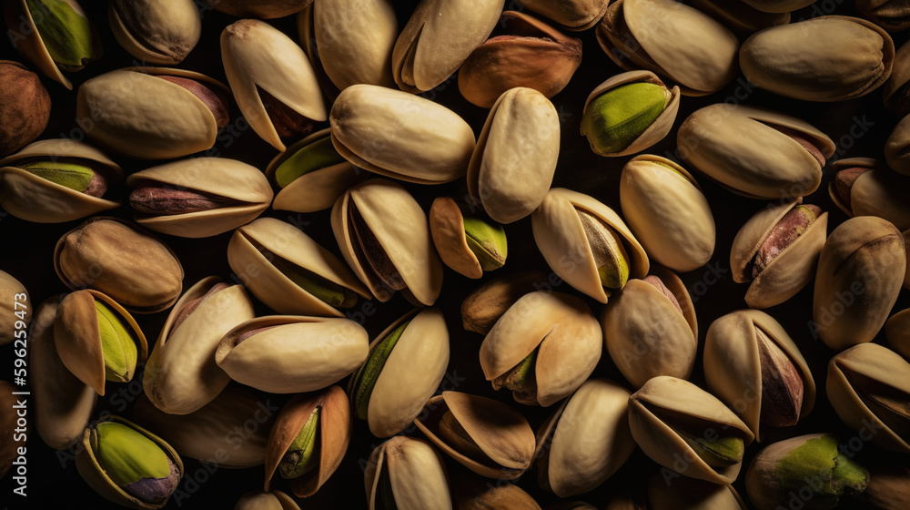 Pistachio background. Nuts. Green fresh inshell pistachios. Generative AI