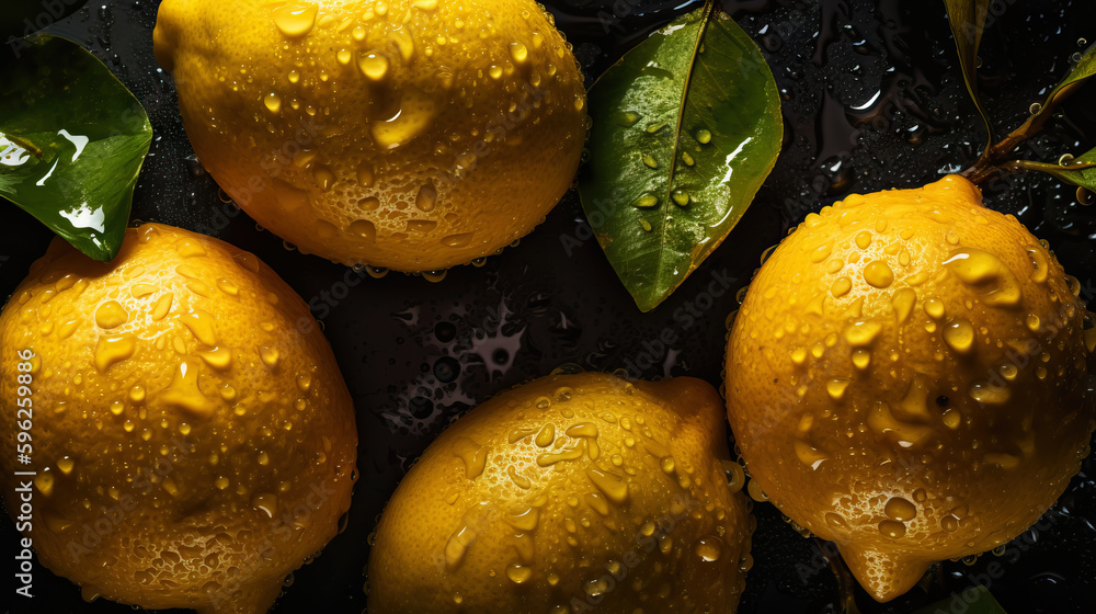 Fresh ripe lemons with water drops background. Fruits backdrop. Generative AI