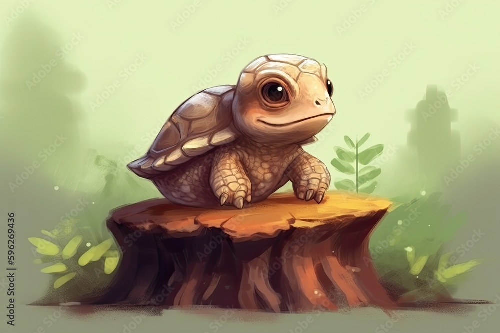 turtle perched on a tree stump. Generative AI