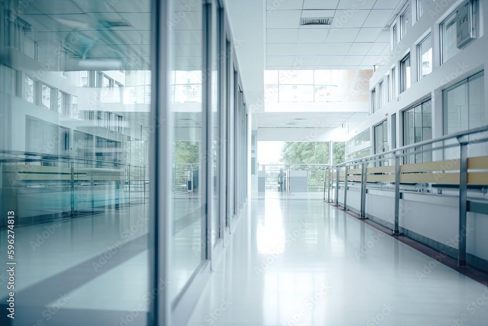 Bright and Spacious Hallway with Windows and Benches in a Modern Building. Generative AI