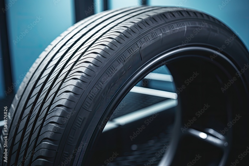 close up of a tire on a rack in a garage. Generative AI