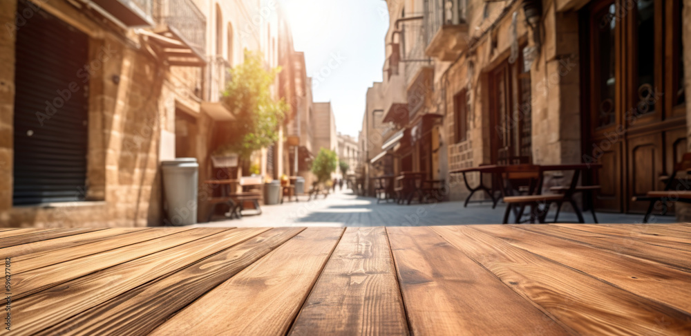 Wood table mockup with Medina city street in shallow depth of field. Copy space for product. Generat