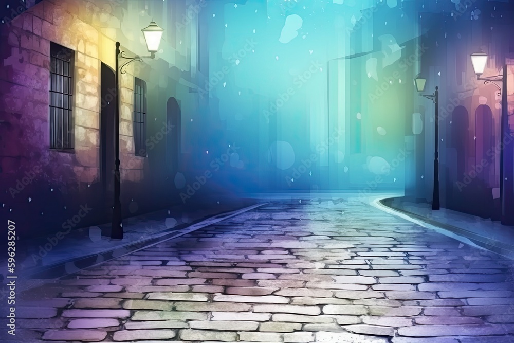 picturesque night scene of a charming cobblestone street. Generative AI