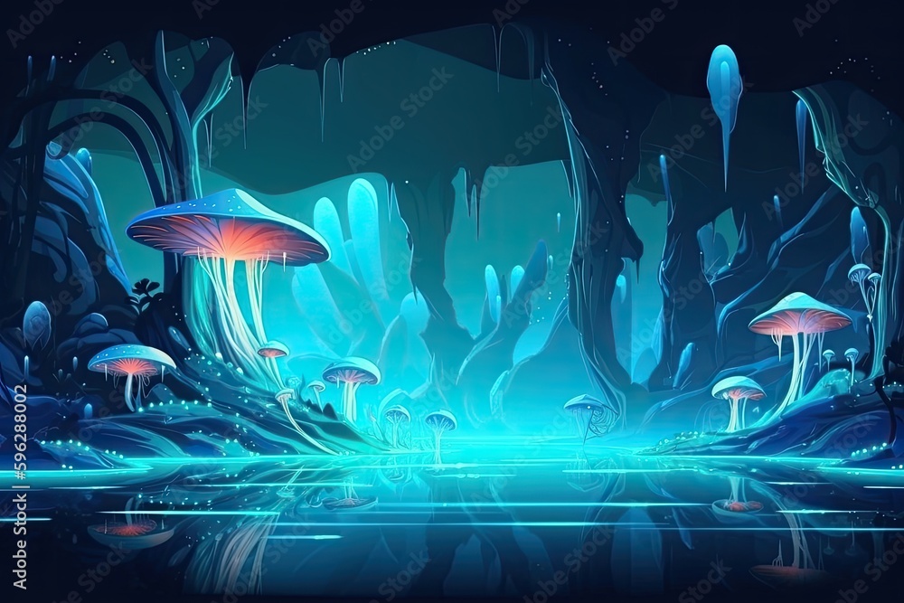 mushrooms growing in a watery environment. Generative AI