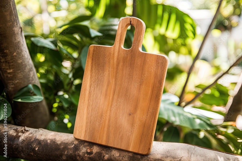 rustic cutting board resting on a tree branch in a natural setting. Generative AI