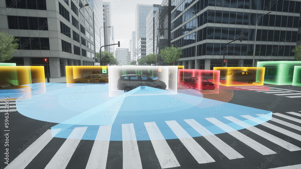 Autonomous car self driving on city street, Smart vehicle technology concept, 3d render