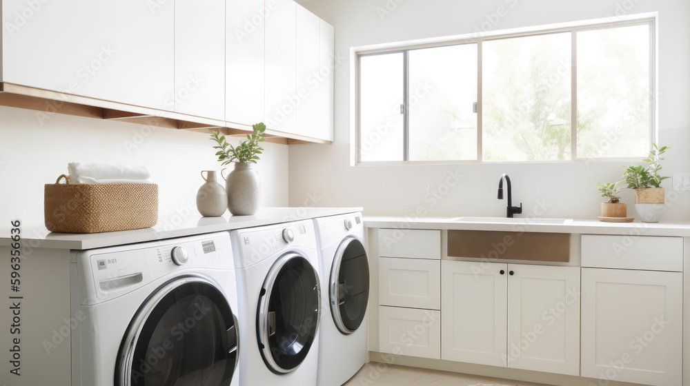 Laundry room interior with washing machine near wall. Generative AI