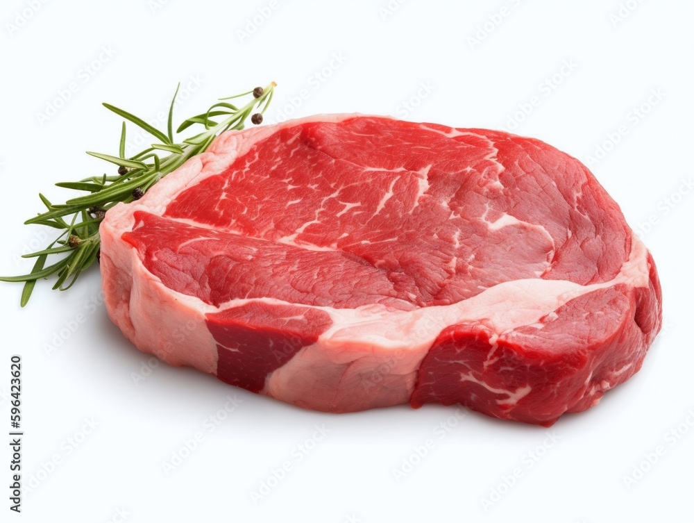 Raw beef steak with rosemary isolated on white background cutout.