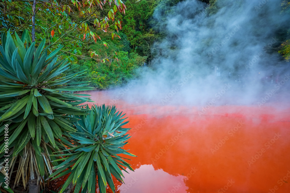 Beppu, Japan - Nov 25 2022: Chinoike Jigoku hot spring in Beppu, Oita. The town is famous for its on