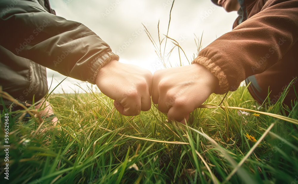 The fists of two boys in the outdoor field collide with each other