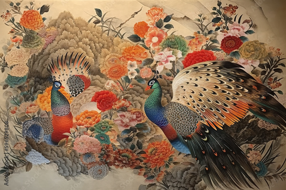 Chinese painting peacock opening screen