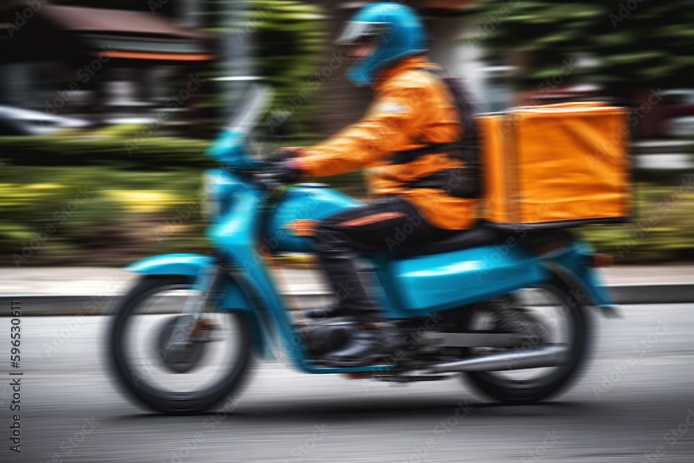 A man rides a motorcycle on the street to send a courier