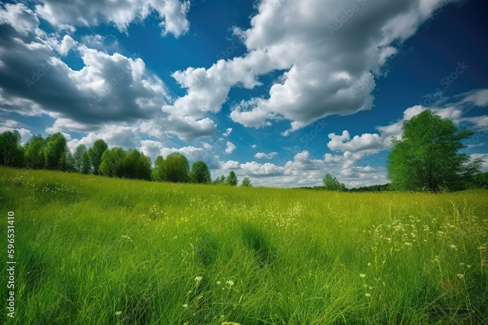 Green grass and forest landscape under blue sky