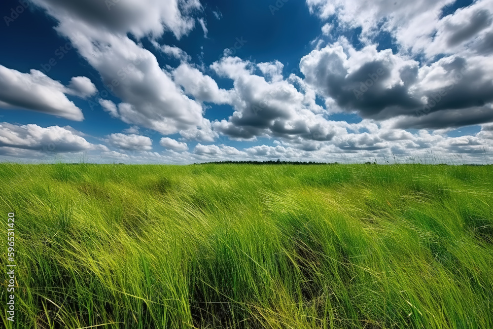 Green grass and forest landscape under blue sky