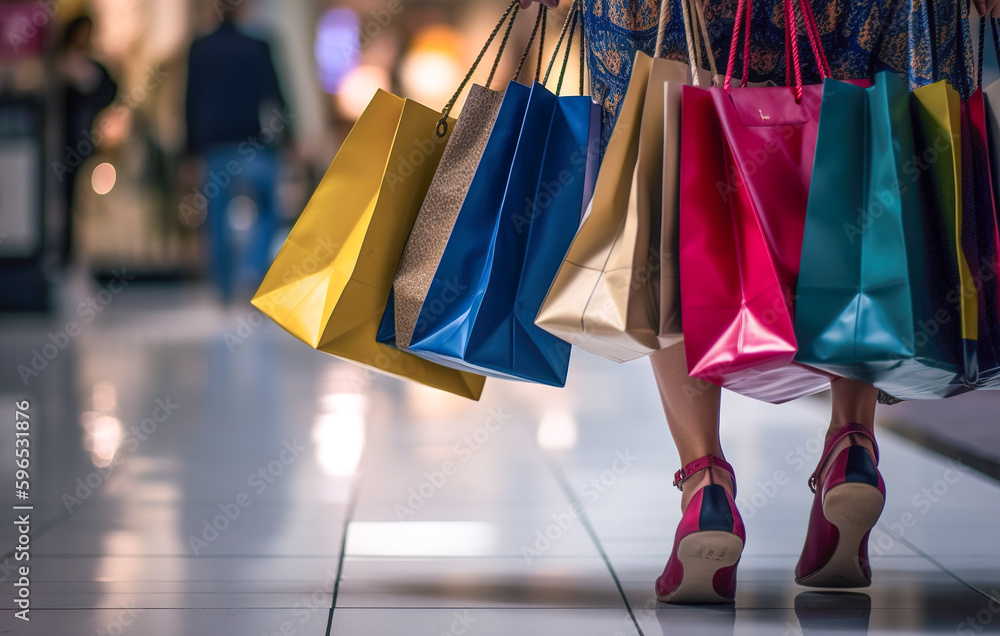 A girl in the shopping mall corridor holds various colors of paper bags in hand