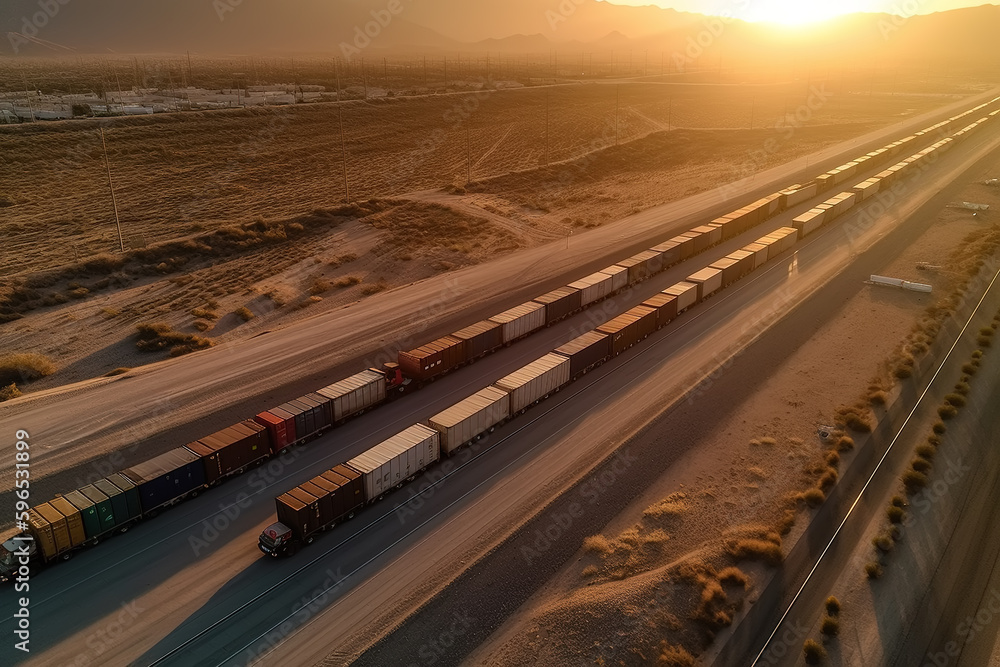 Vans on the highway under the setting sun