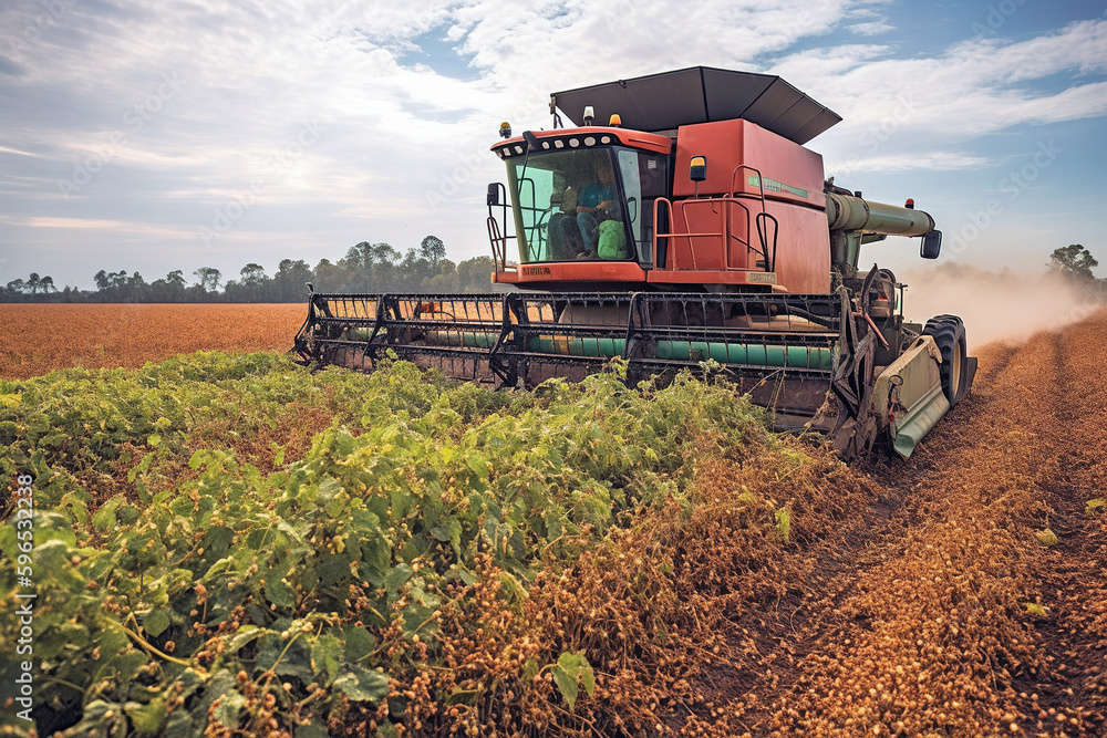 The farm vegetable field harvester uninstall into the tractor trailer. Modern agricultural harvestin