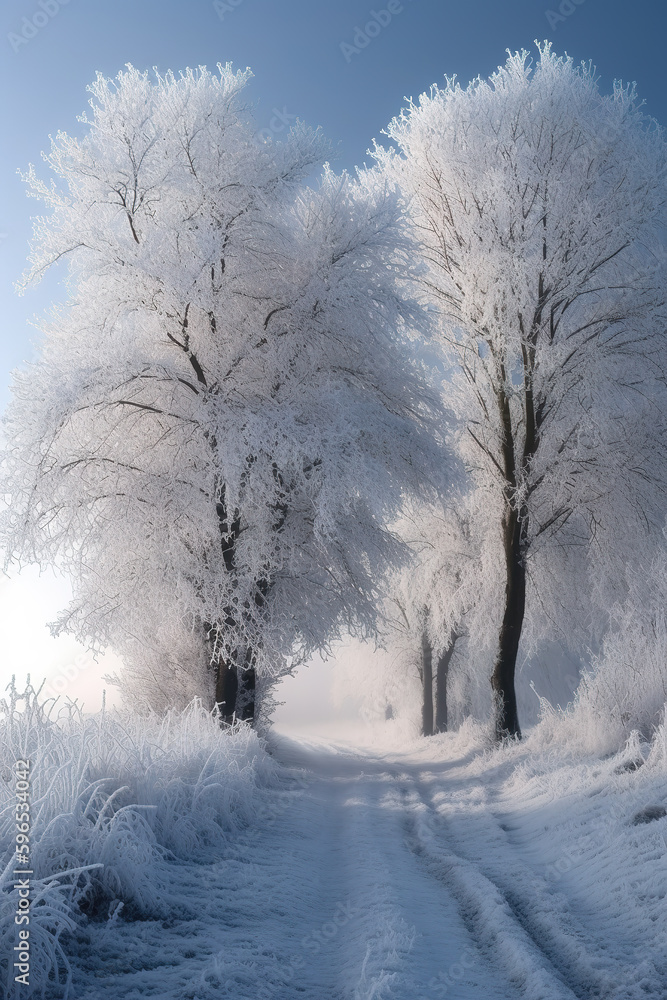 Frozen tree on winter field and blue sky