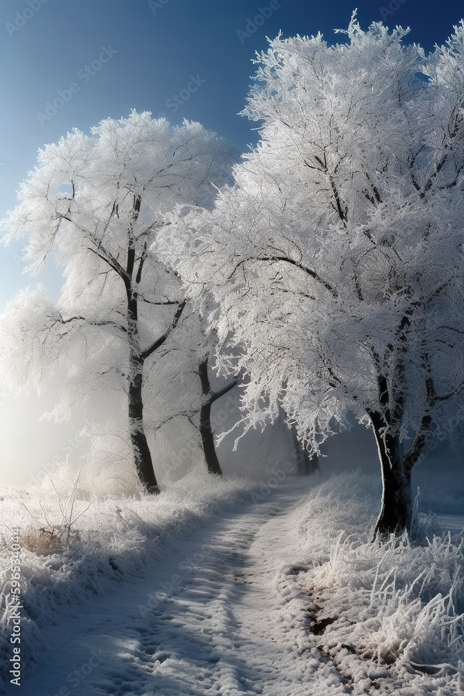 Frozen tree on winter field and blue sky