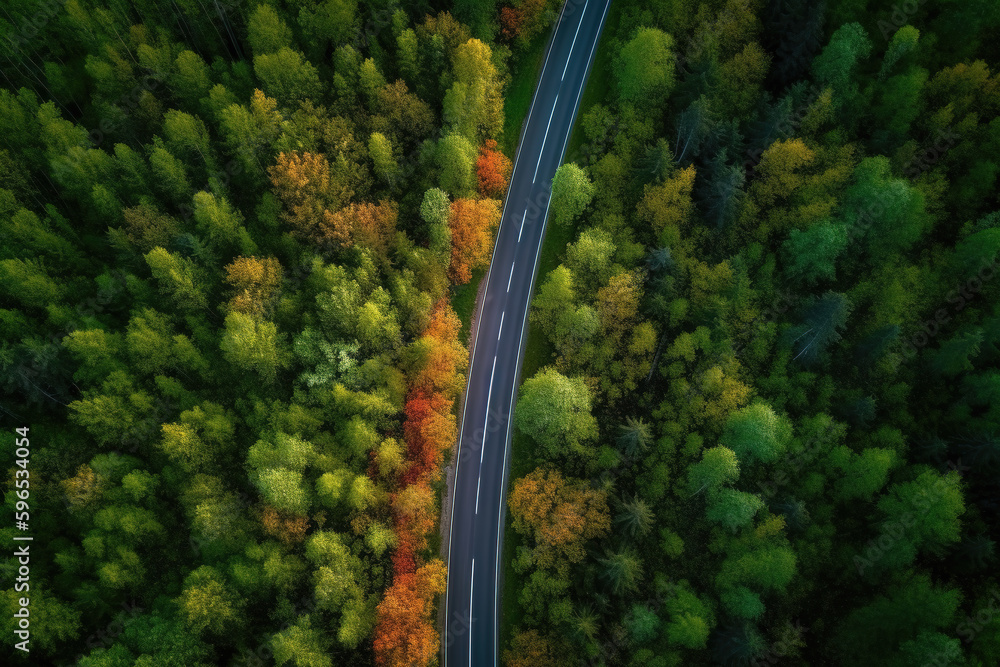 Aerial view road in the middle forest, Top view road going through green forest adventure, Ecosystem