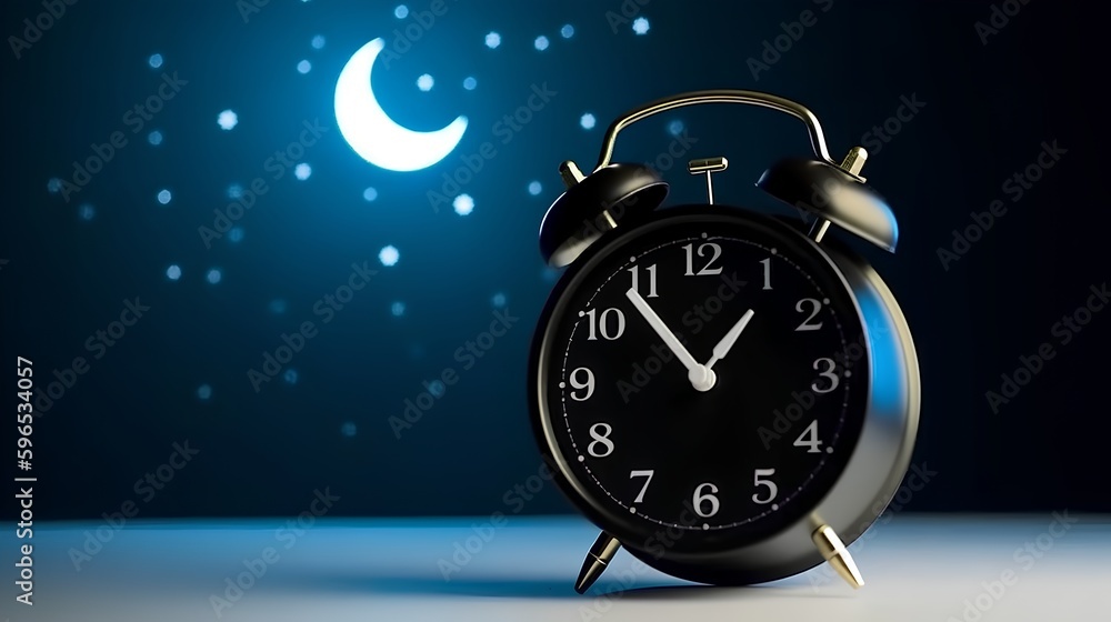 Clock against a dark background with moon and stars, suggesting peaceful slumber and serene dreams. 