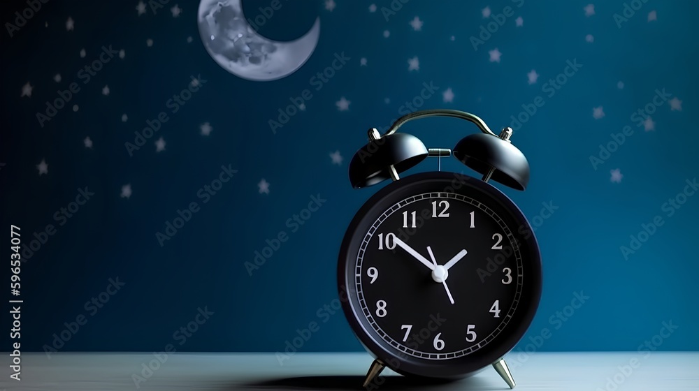 Clock against a dark background with moon and stars, suggesting peaceful slumber and serene dreams. 