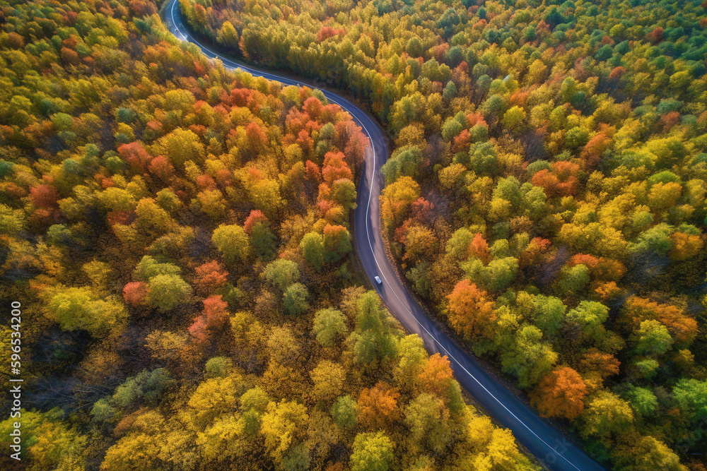 Aerial view road in the middle forest, Top view road going through green forest adventure, Ecosystem