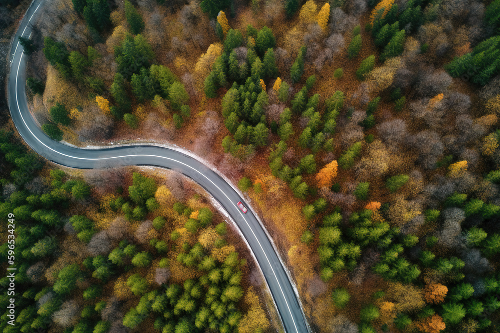 Aerial view road in the middle forest, Top view road going through green forest adventure, Ecosystem