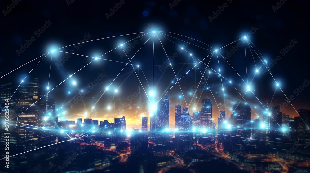 5G Connectivity concept featuring a cityscape at night with digital, glowing connection lines, illus