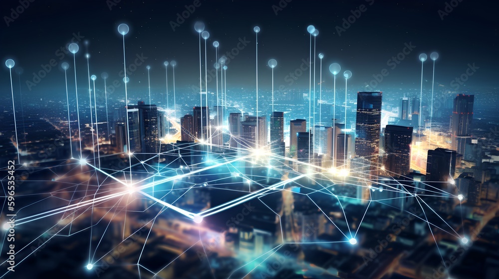 5G Connectivity concept featuring a cityscape at night with digital, glowing connection lines, illus