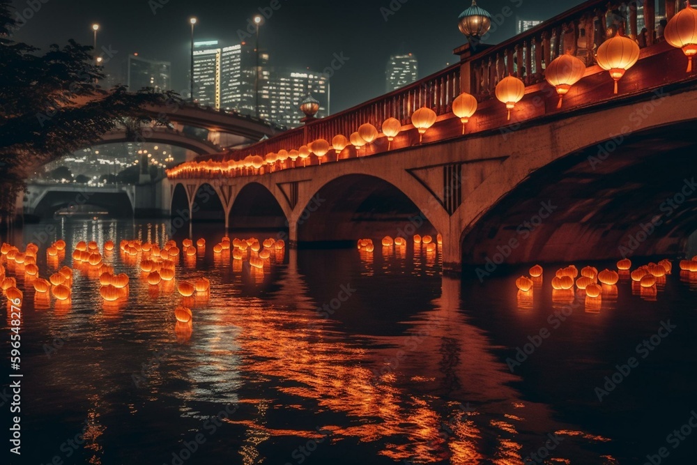 Night view of Chengdu's Anshun Bridge and Jinjiang River illuminated by Chinese lanterns in Sic